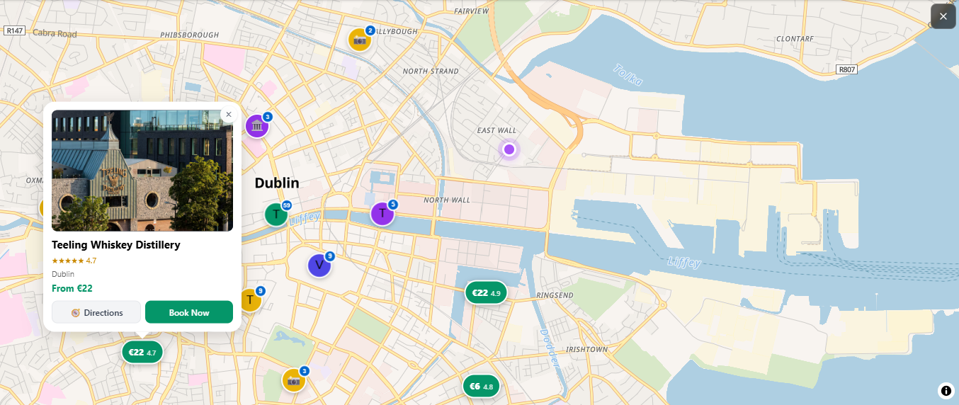 GoMaps showing places to visit in Dublin, including Teeling Whiskey Distillery