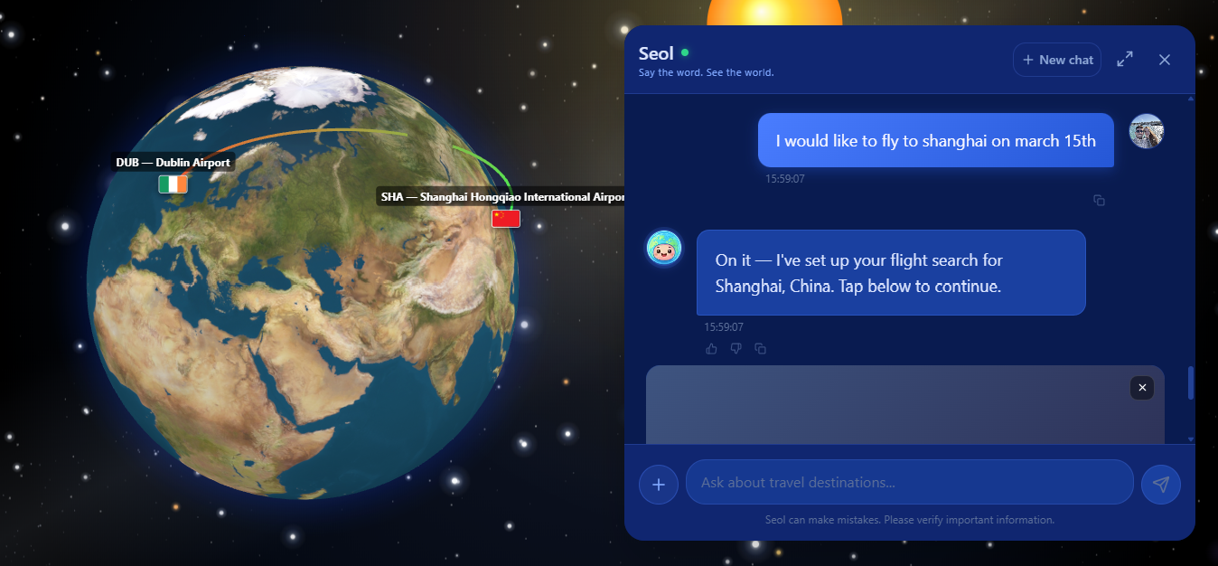 Seol travel assistant planning a trip beside the interactive GoGlobe