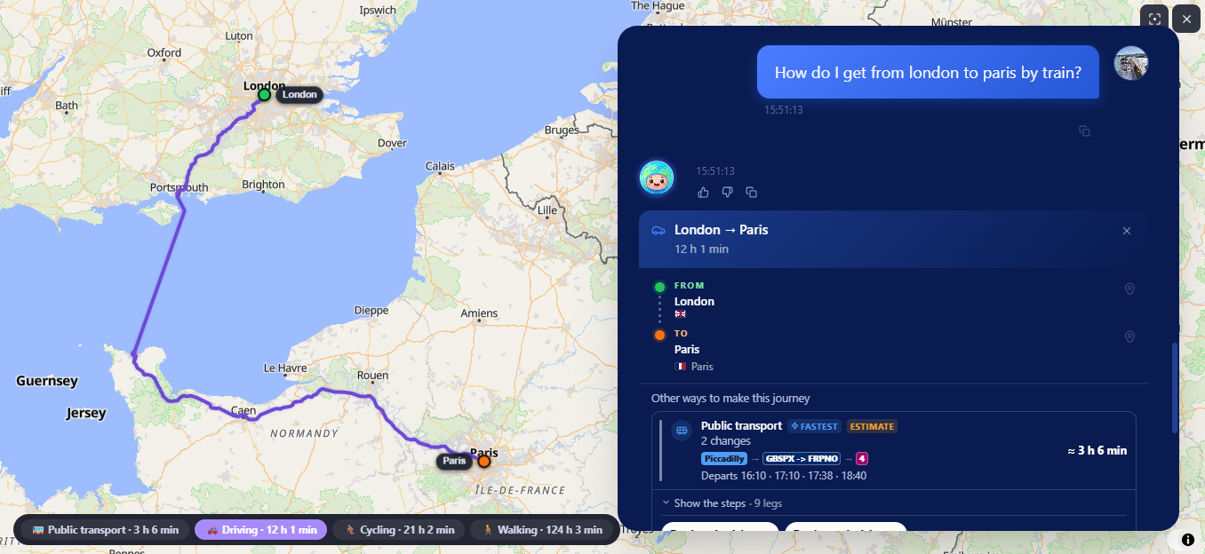 Seol showing a London to Paris public transport route and journey options